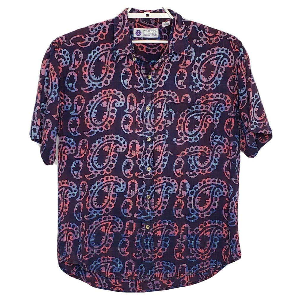 Vintage Wimbledon Mens Shirt Large Paisley Print Cotton Collared Button Down